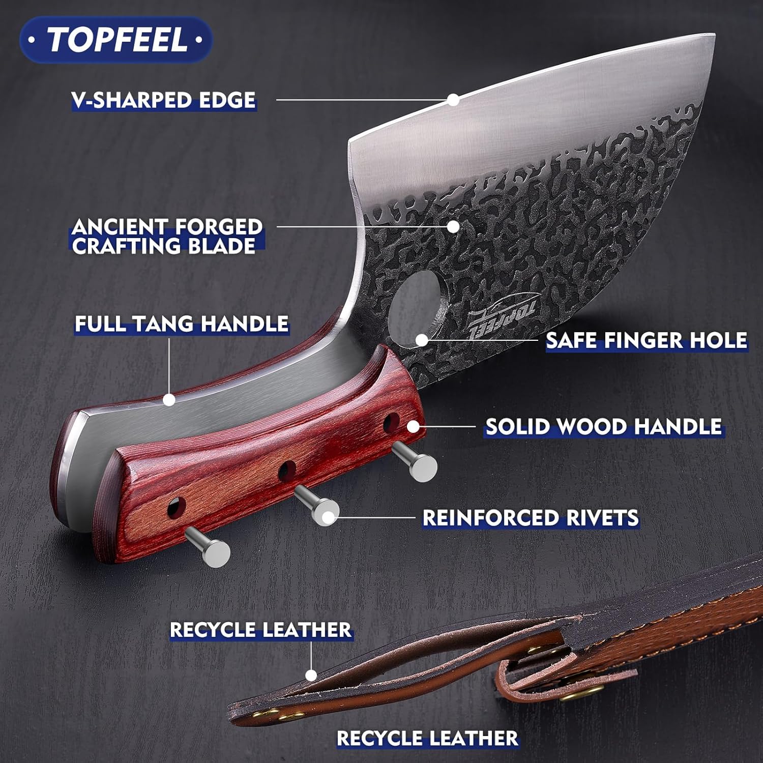 6.8Inch Serbian Chef Knife- Meat Cleaver, Butcher Knife set with Leather Sheath and Whetstone, Kitchen Knives for Home, Camping, BBQ