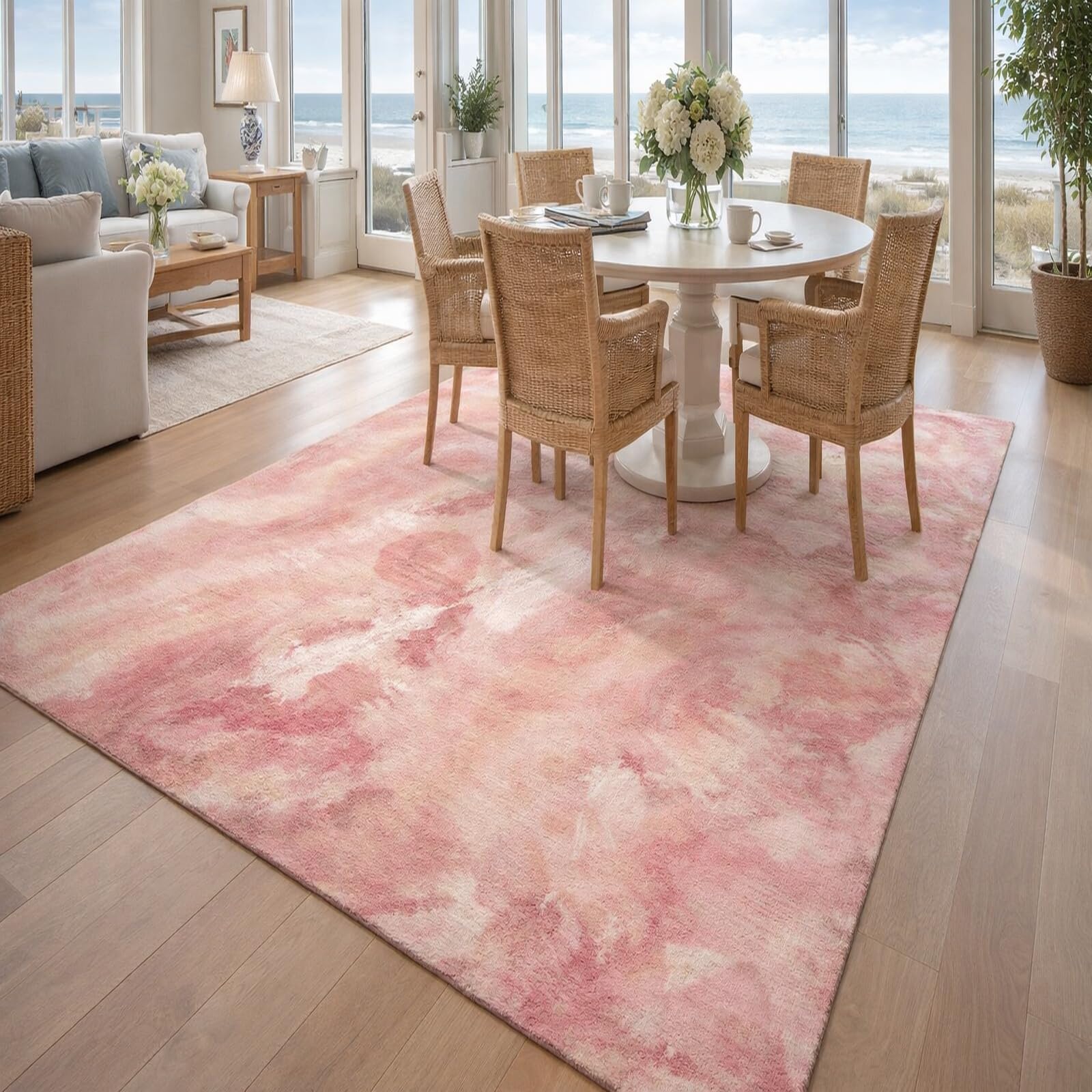 Tapis salon abstrait rose 160x230 cm pour décoration de grande salle de séjour ou chambre adulte