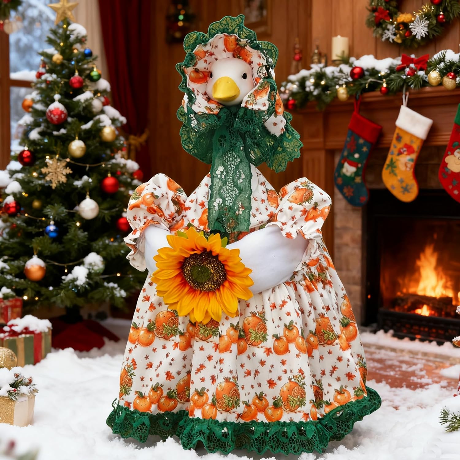 23" Spring Summer Porch Goose Outfits,Sunflower Cement Goose Dress, Medieval Country Lolita Style Goose Costume with Pearl Necklace, St.Patrick Four Season Outdoor Decor Garden - Image 6