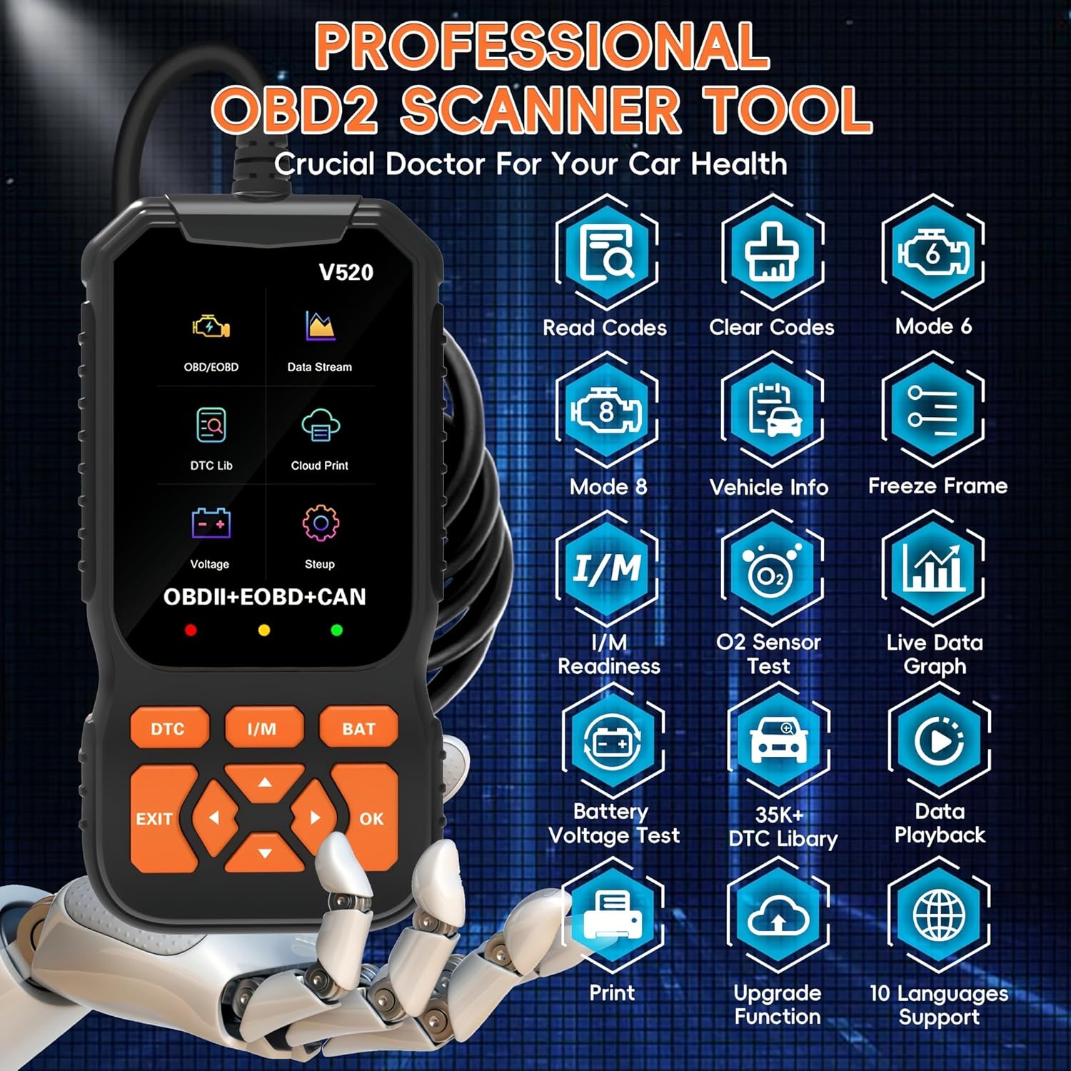 RODEDIO V520 scanner displaying a comprehensive list of functions