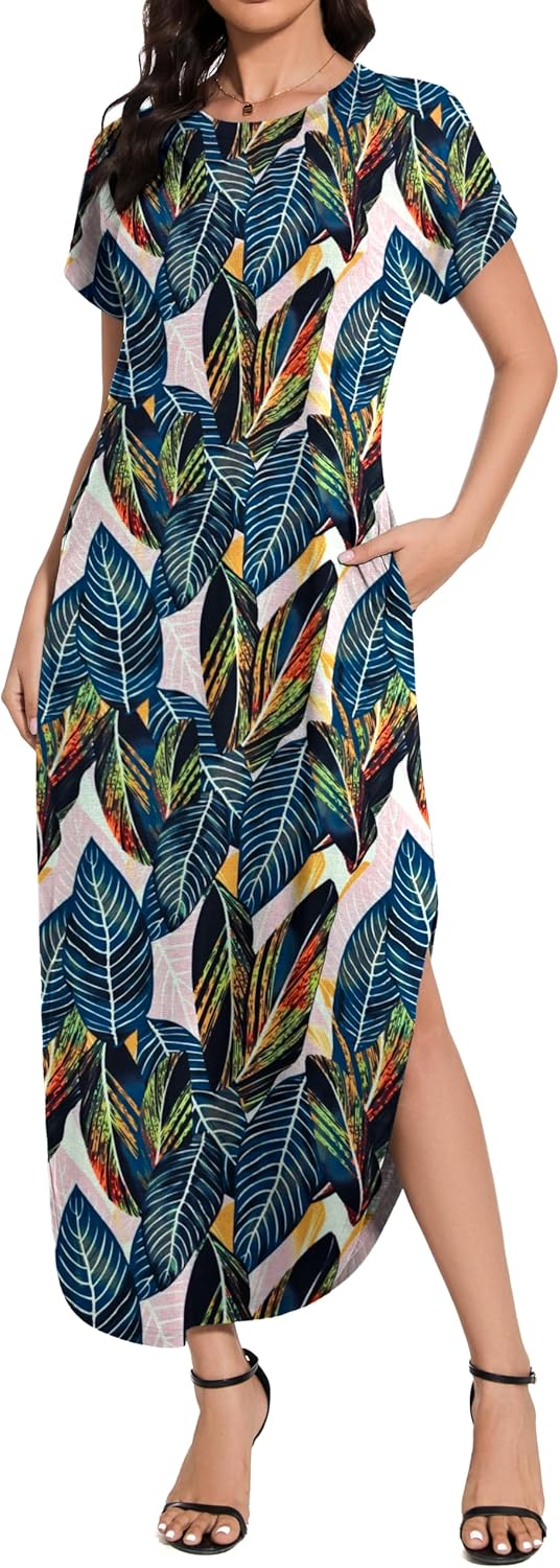 Women Summer Long Sundress Crewneck Short Sleeve Maxi Dress 2026 Casual Loose Beach Dress with Pockets - Image 2