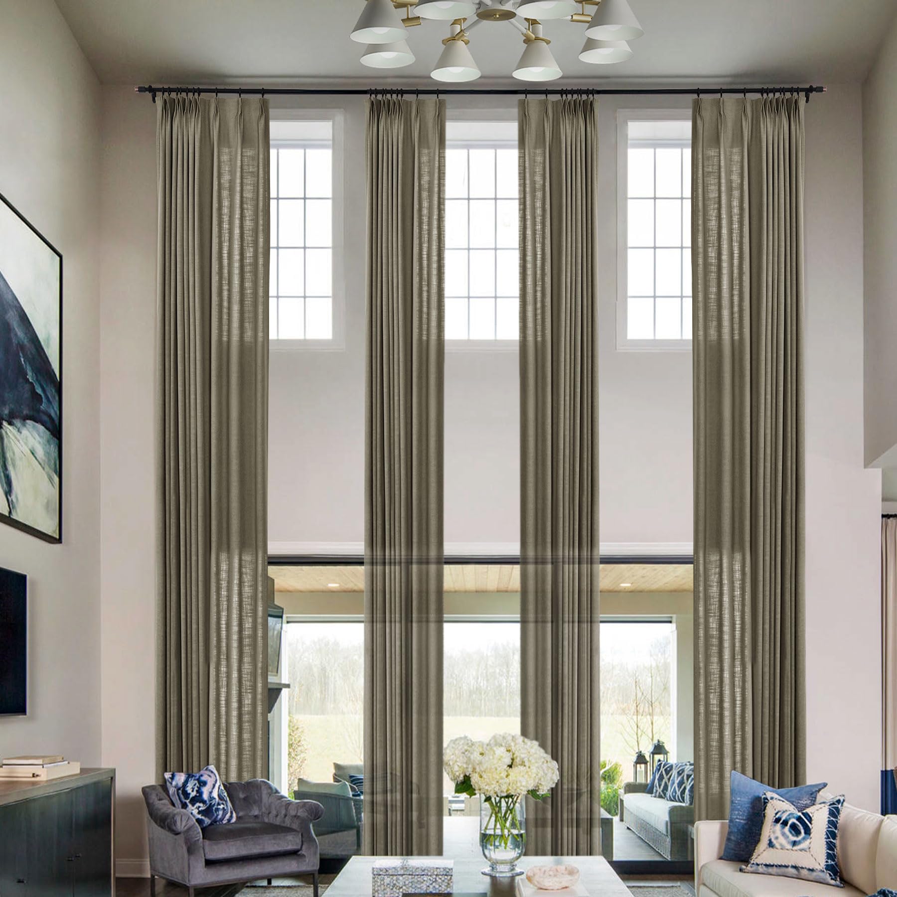 Frelement Extra Long 11ft Curtains Linen Light Filtering Curtain Panels for Tall Windows High Ceiling Loft Pinch Pleat Curtains Semi Sheer Drapes, 50" W x 132" L, 2 Panels, Moon Rock