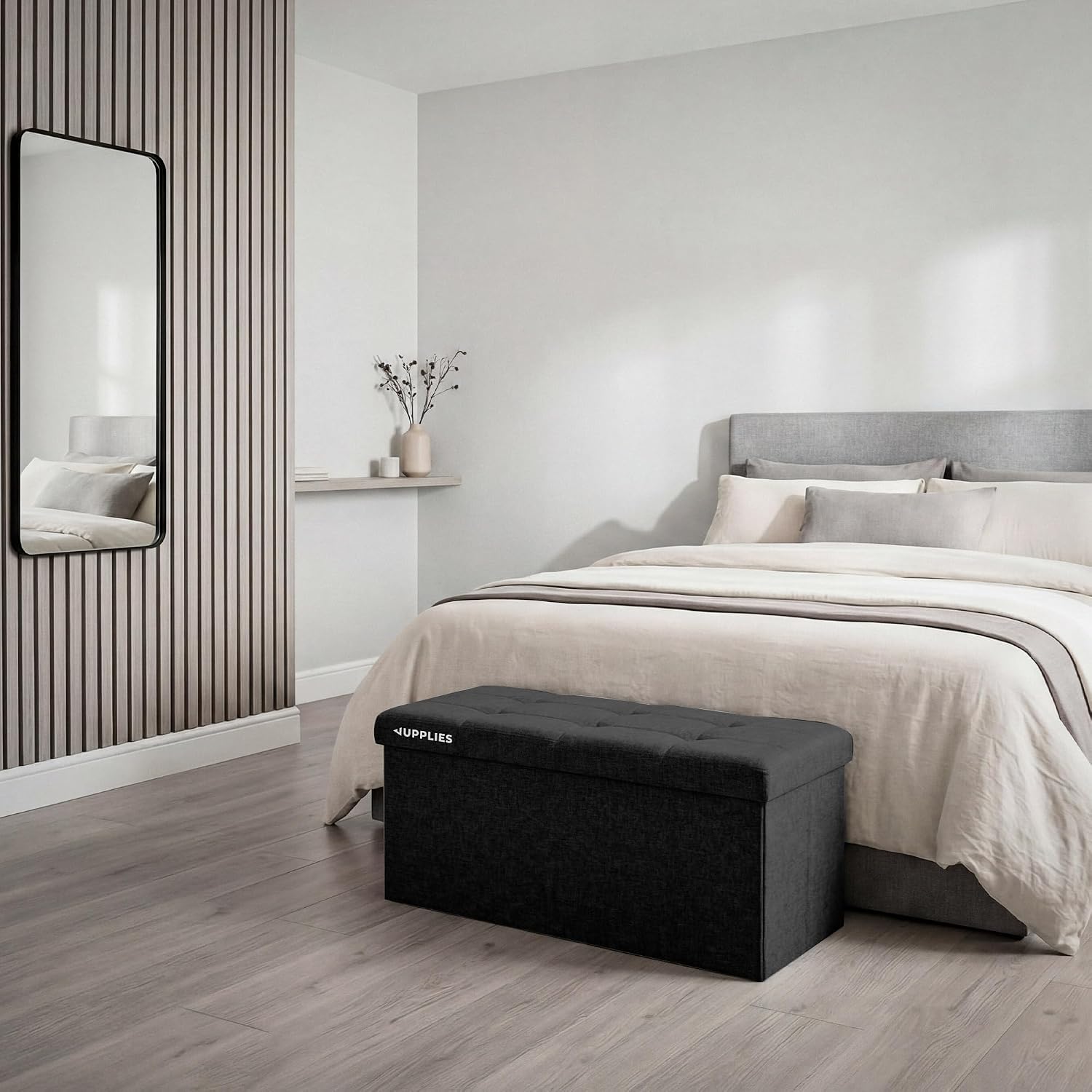 JUPPLIES Puff de Almacenaje 80 L (76 x 38 x 38 cm) - Baúl de Almacenamiento de Tela Plegable - Banco con Tapa - Soporta 300 kg para Dormitorio, Salón o Vestidor - Negro