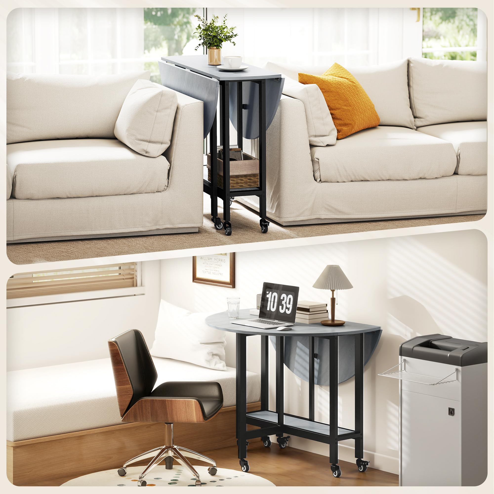 HOMCOM Mesa Plegable de Comedor con Ruedas 100x100x75 cm Gris Cemento | 2-4 Personas, Mesa de Cocina Plegable, Alas Abatibles, Estante Abierto, Salón