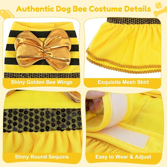 Bee Dog Halloween Costumes, Bumblebee Dog Costume for Small Medium Dogs Cats, Puppy Clothes Outfit Dress with Cap for Halloween Christmas Parties Cosplay Parade