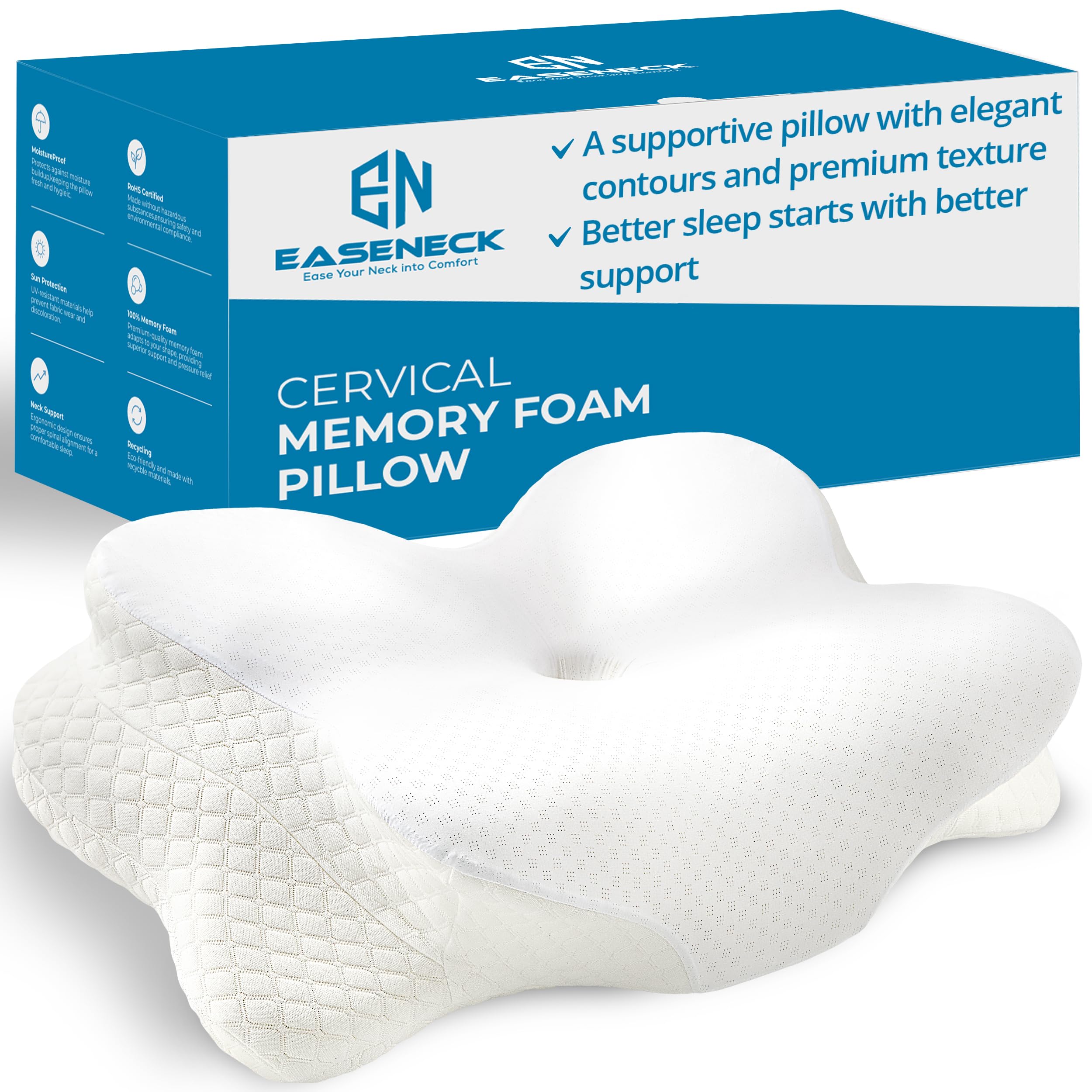 Cervical Neck Pillow for Sleeping Ergonomic Contour Soft Non Collapsing Memory Foam for Neck and Shoulder Pain Relief