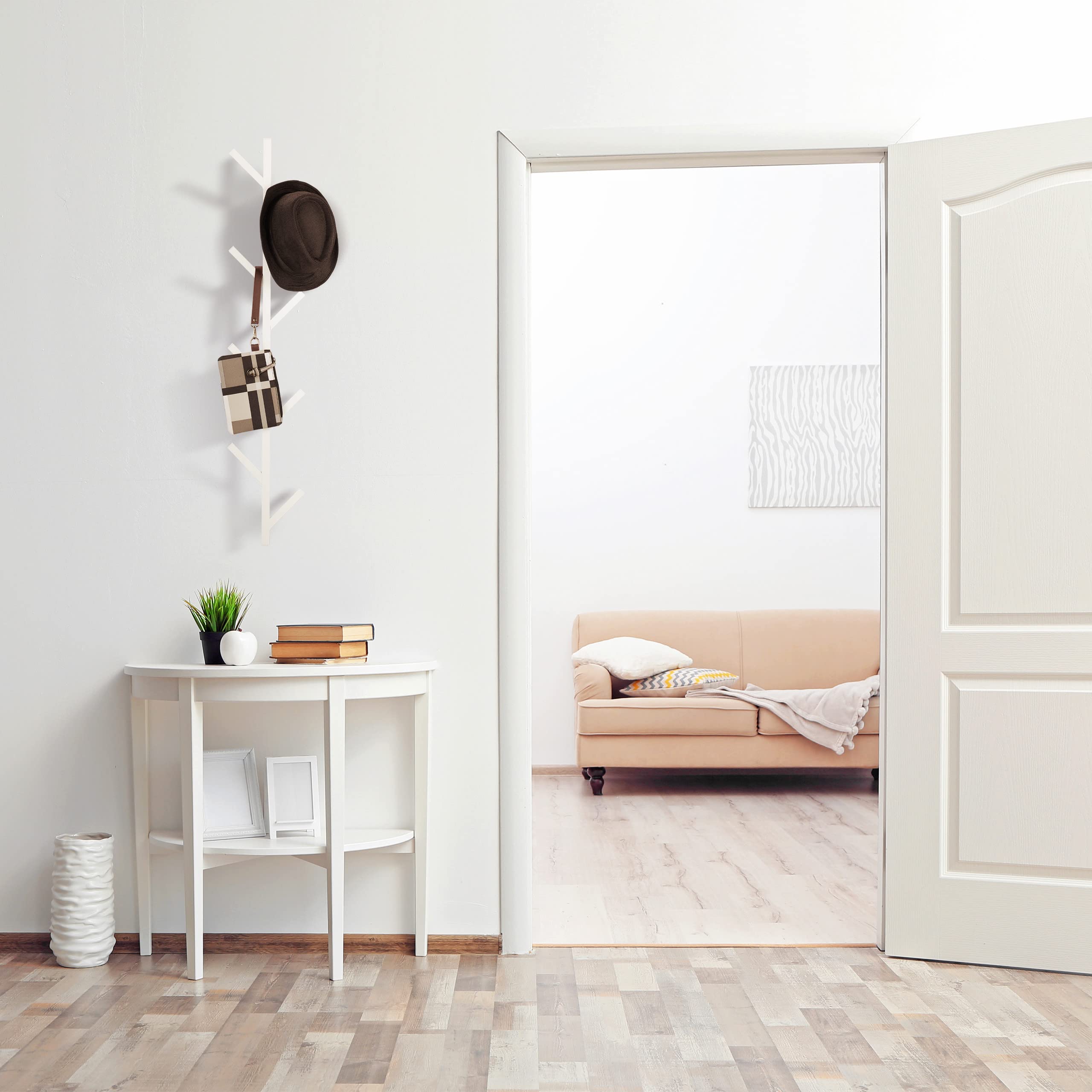 Relaxdays Appendiabiti a Albero, HLP: 100,5x19,5x7 cm, 8 Ganci, Attaccapanni da Parete, Appendi Abiti e Giacche, Bianco