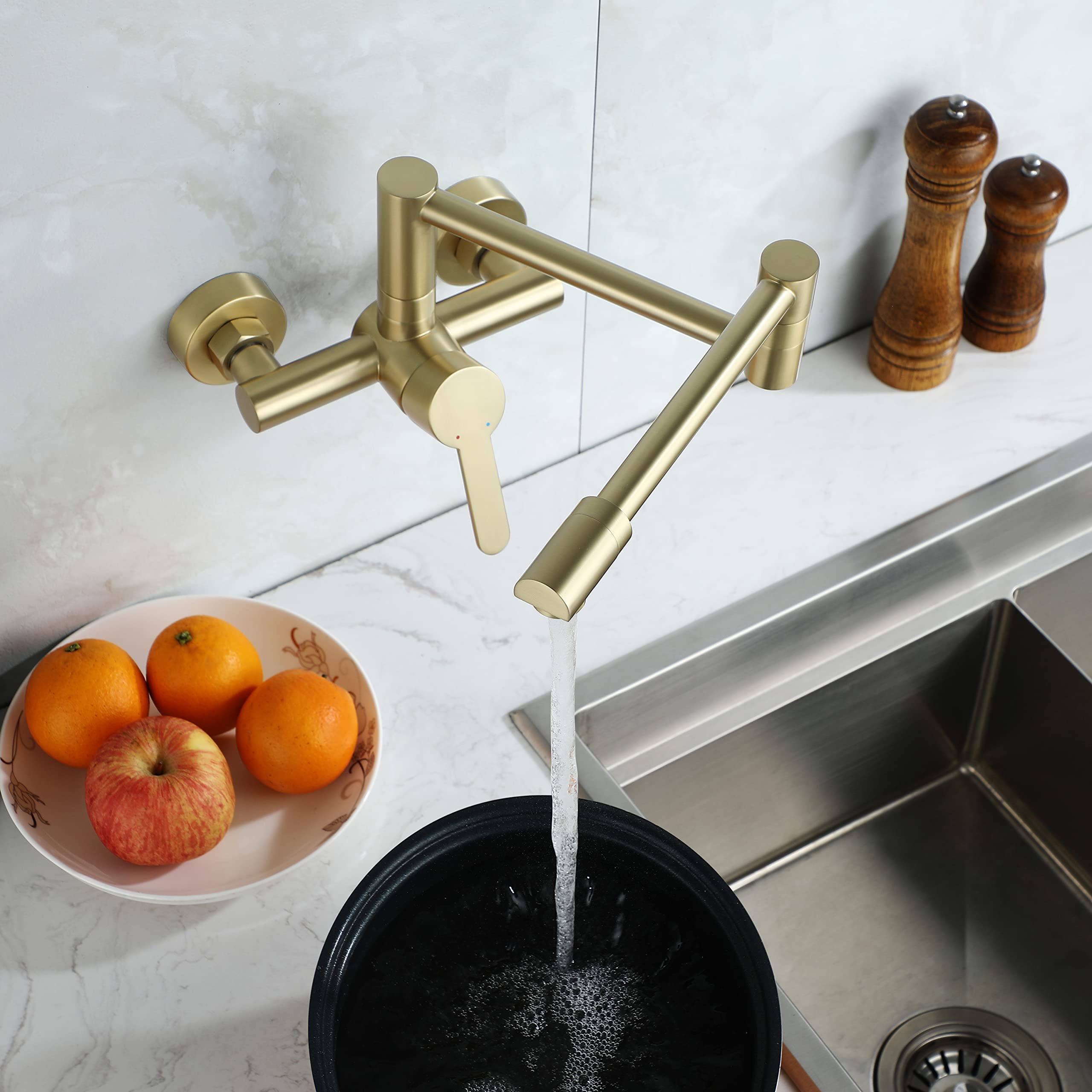 ESOP Robinet de Cuisine Or Brossé Laiton Robinet Mitigeur Mural Monocommande avec Bras Oscillant et Chaude et Froide Réglable Robinet Évier Rotatif à 360° pour Salle de Bain et Cuisine