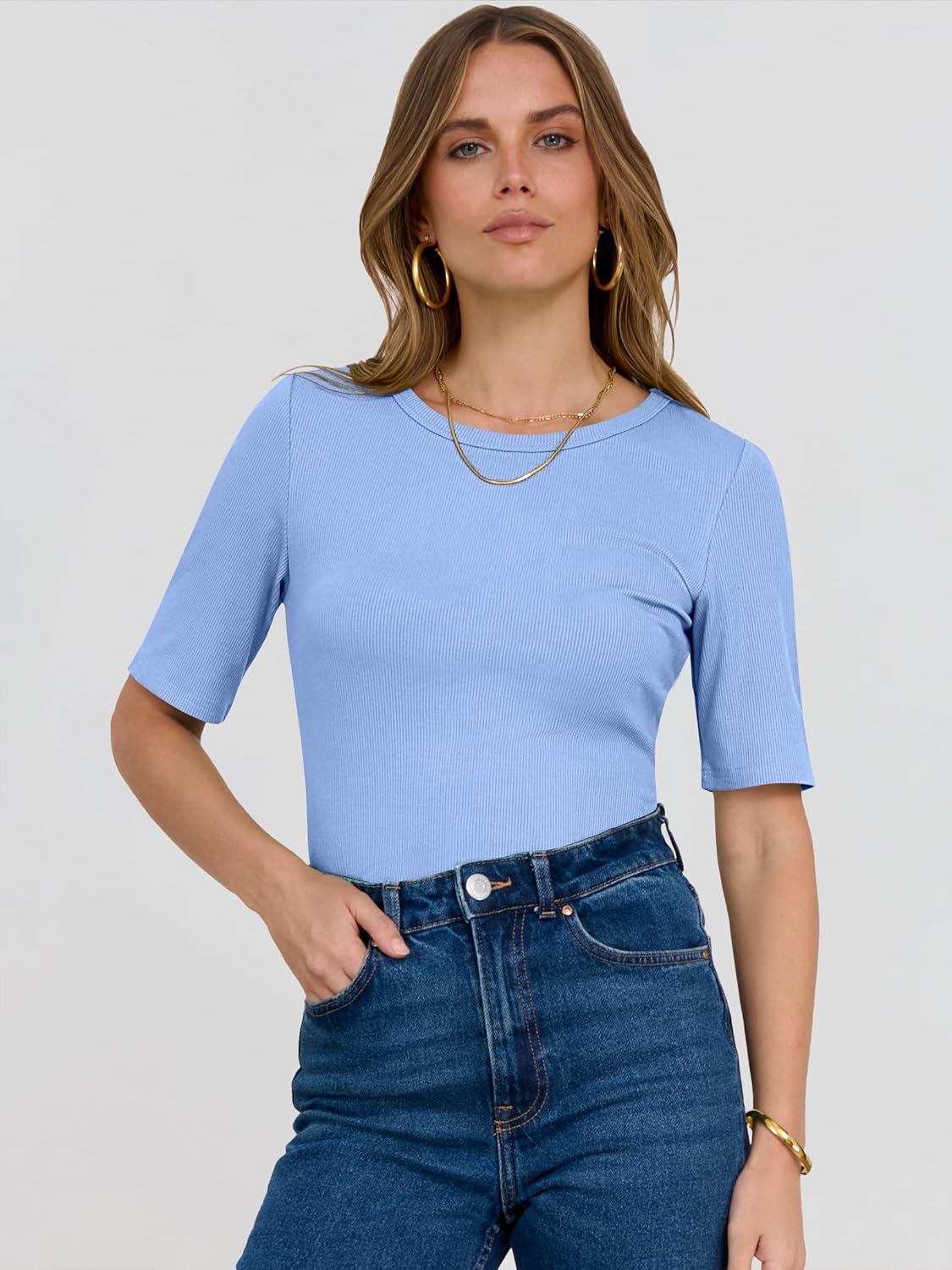 ANRABESS Womens Half Sleeve Crewneck Tops Ribbed Knit Slim Fit Shirts Basic Tee 2026 Spring Summer Dressy Casual T-Shirts - Image 3