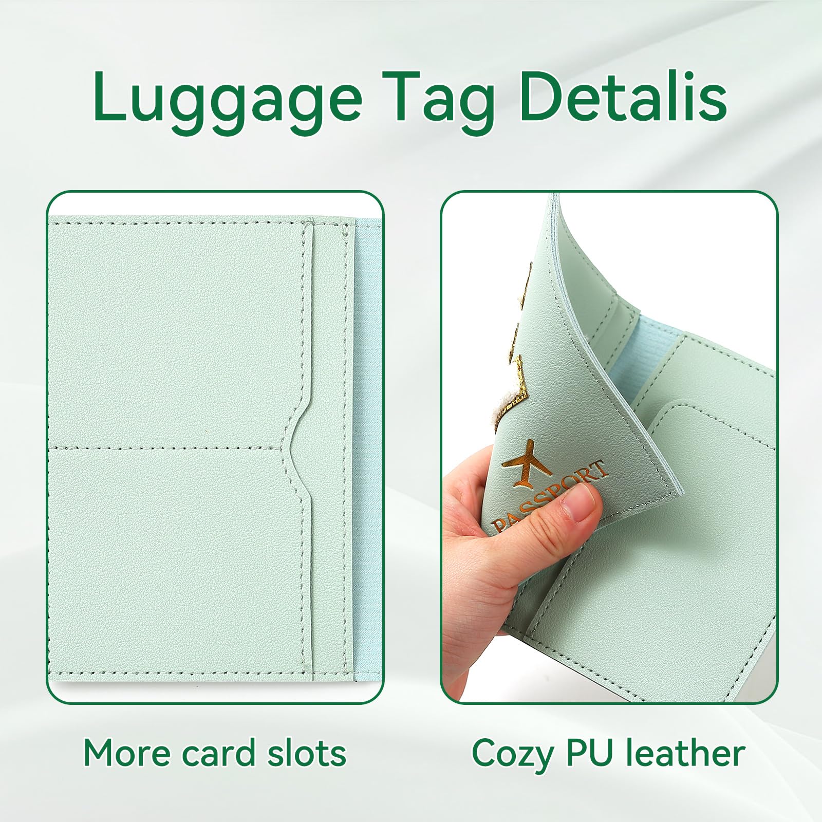 Porta Passaporto Verde ed Etichette per Valigie Cover，Passaporto con Lettere, Pelle PU,Porta Passaporto da Viaggio Donne, Regalo Donna,Uomo,Adolescenti, Ragazze (Verde A)