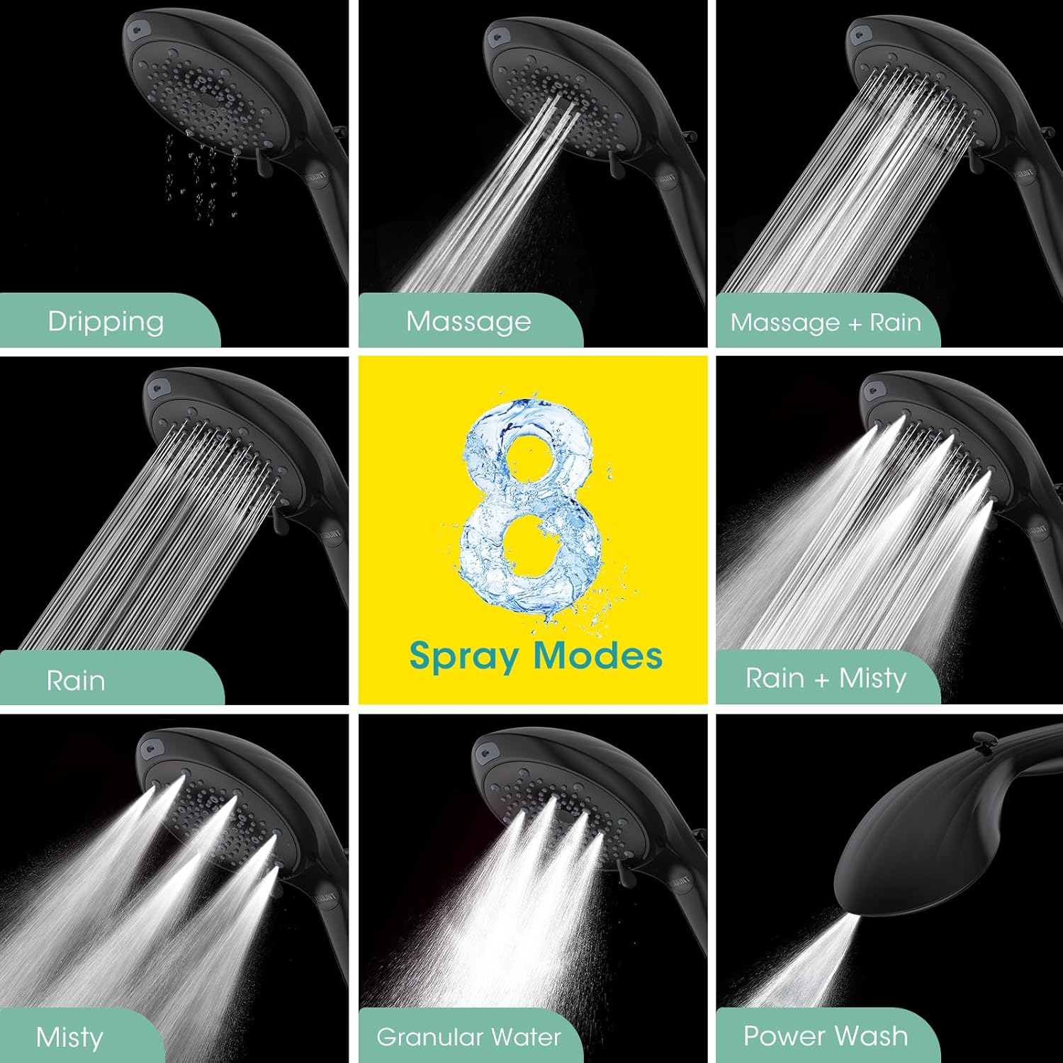 FASDUNT Filtered Shower Head with Handheld, High Pressure 8-Mode Handheld Showerhead with Filters for Hard Water -Remove Chlorine, Built-in Power Wash, 80" Long Hose & Adjustable Bracket, Black