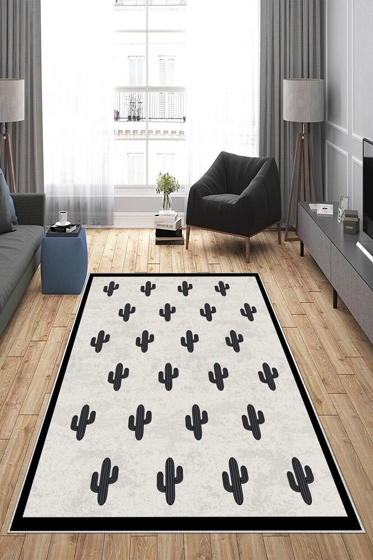 Pelangi Bej Kaktüs Desenli Yıkanabilir Kaymaz Taban Leke Tutmaz Modern Salon Halısı Ve Yolluk, Açık Gri-Antrasit 80 x 600, 13582188060005