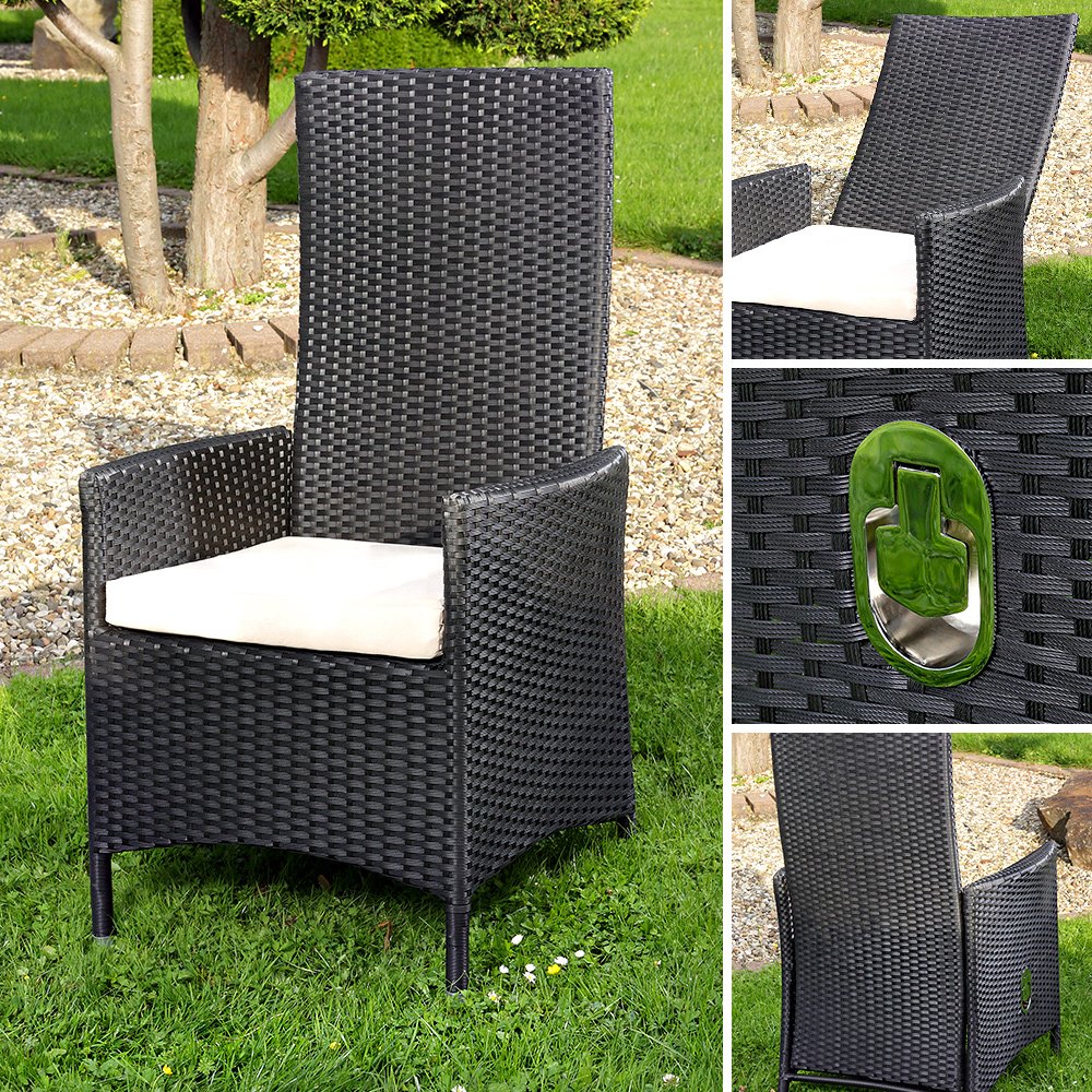 Melko Fotel relaksacyjny z polirattanu fotel ogrodowy, ok. 62 x 57 x 111 cm, regulowany, odporny na warunki atmosferyczne, w zestawie poduszka do siedzenia, czarny