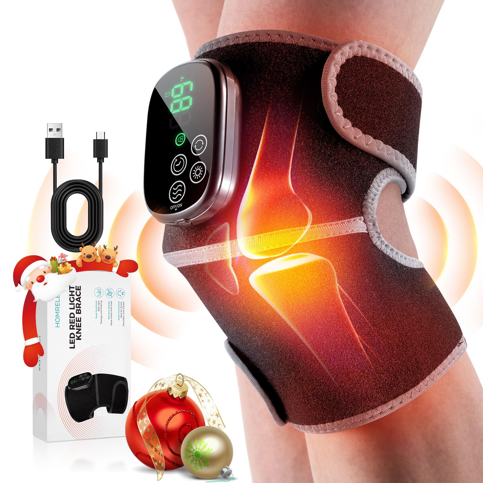 HOMRELEXA Cordless Red Light Therapy Knee Heating Pad with Heat - 660nm&850nm Knee Brace with 5 Heating Levels, 5000mAH Rechargeable Battery for Knee Shoulder Elbow, Gifts for Men Women, Black 1PC