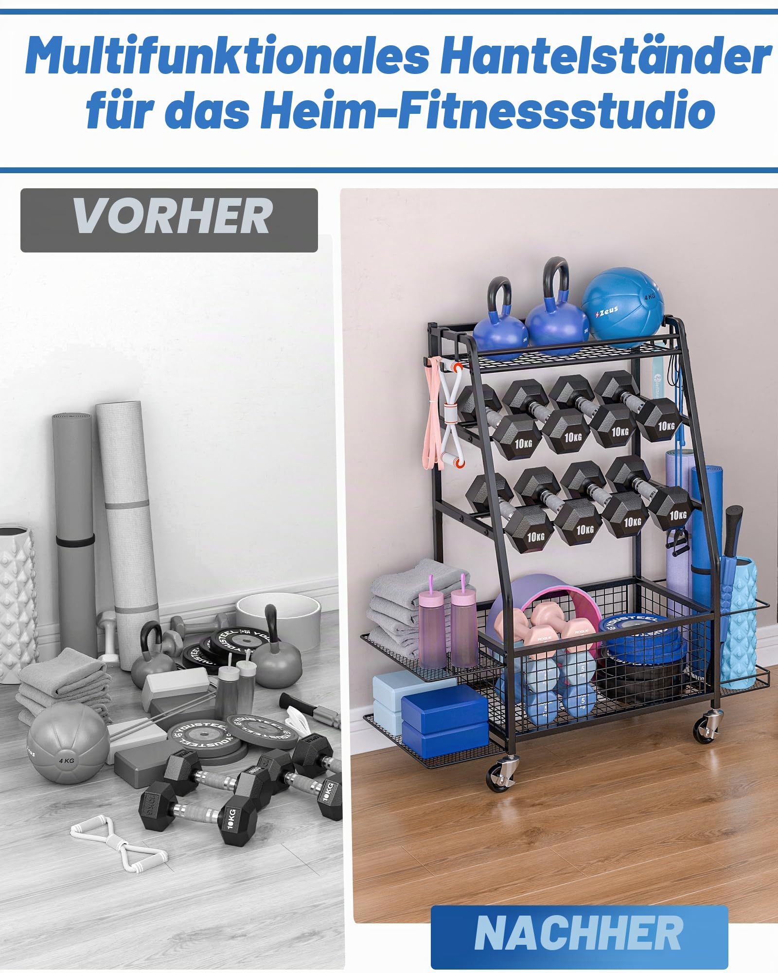 Hantelständer - Erweiterter Heimtrainingslagerständer - Hantelständer mit 4 flexiblen Rädern und einzigartiger Lagerung auf beiden Seiten