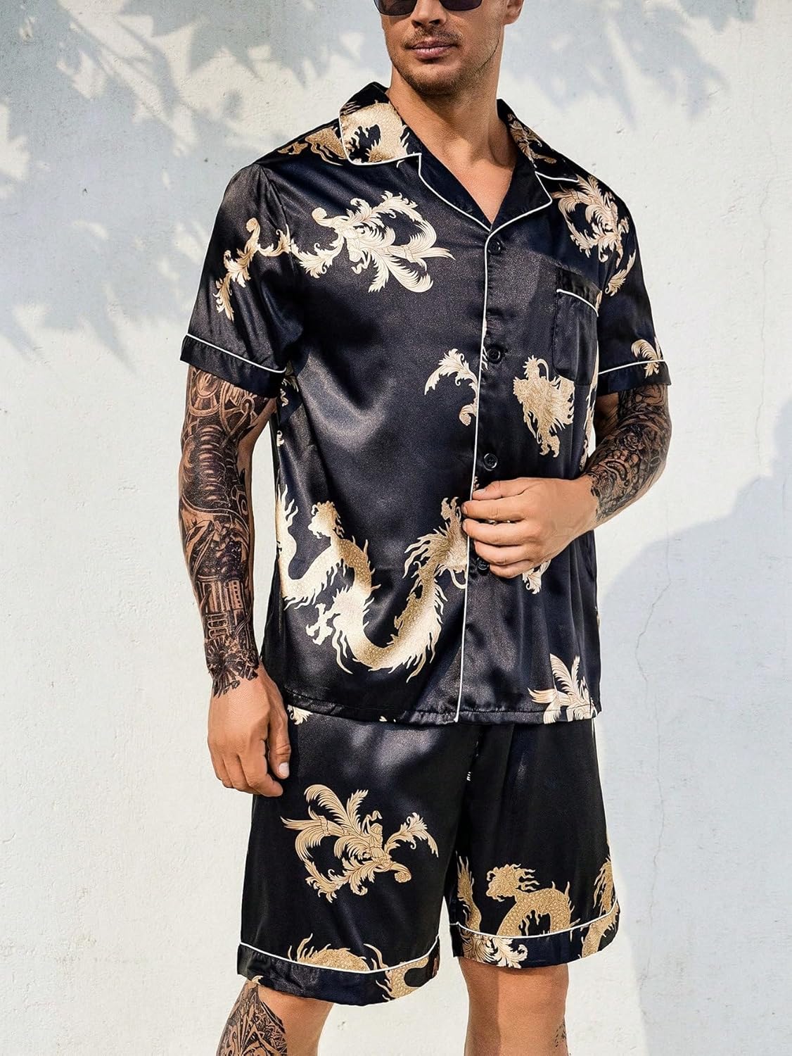 WDIRARA Men's Extended Size Sleepwear Dragon Print Short Sleeve Button Front Shirt and Shorts Satin Pajama Set