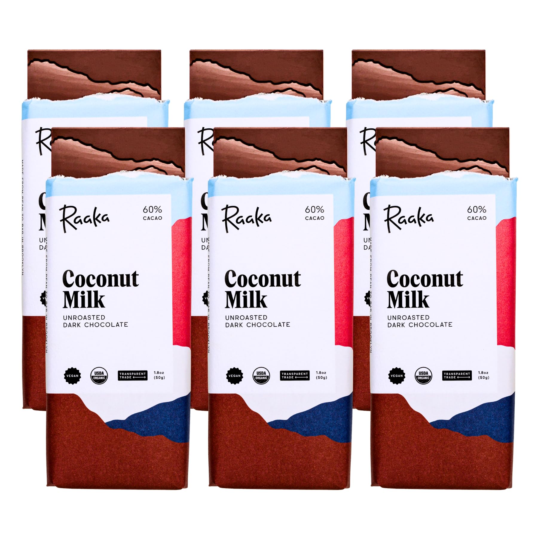 Raaka Coconut Milk 60% Dark Chocolate | Gourmet Plant-Based Dark Chocolate | Organic, Vegan, Dairy Free, Transparent Trade, Soy-Free, Gluten-Free, Kosher | 1.8oz Bars, 6-Pack
