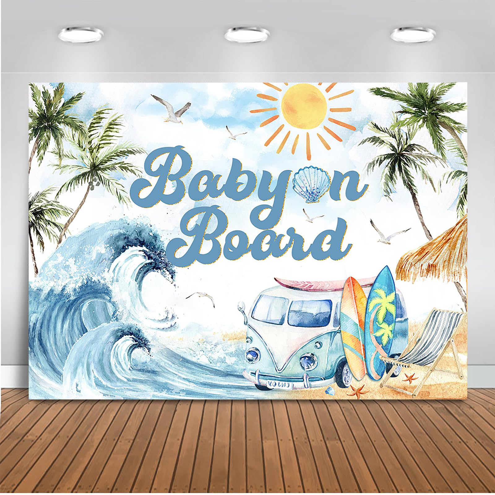 Mocsicka Baby on Board Backdrop Summer Beach Baby Shower Party Decorations Tropical Sea Wave Surfboard Background Seaside Newborn Birthday Photo Props (7x5ft)