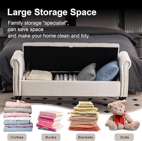 Miniatura 3 de Banco de almacenamiento para dormitorio, banco de 57 pulgadas con almacenamiento, banco otomano de almacenamiento con brazo enrollado con botones