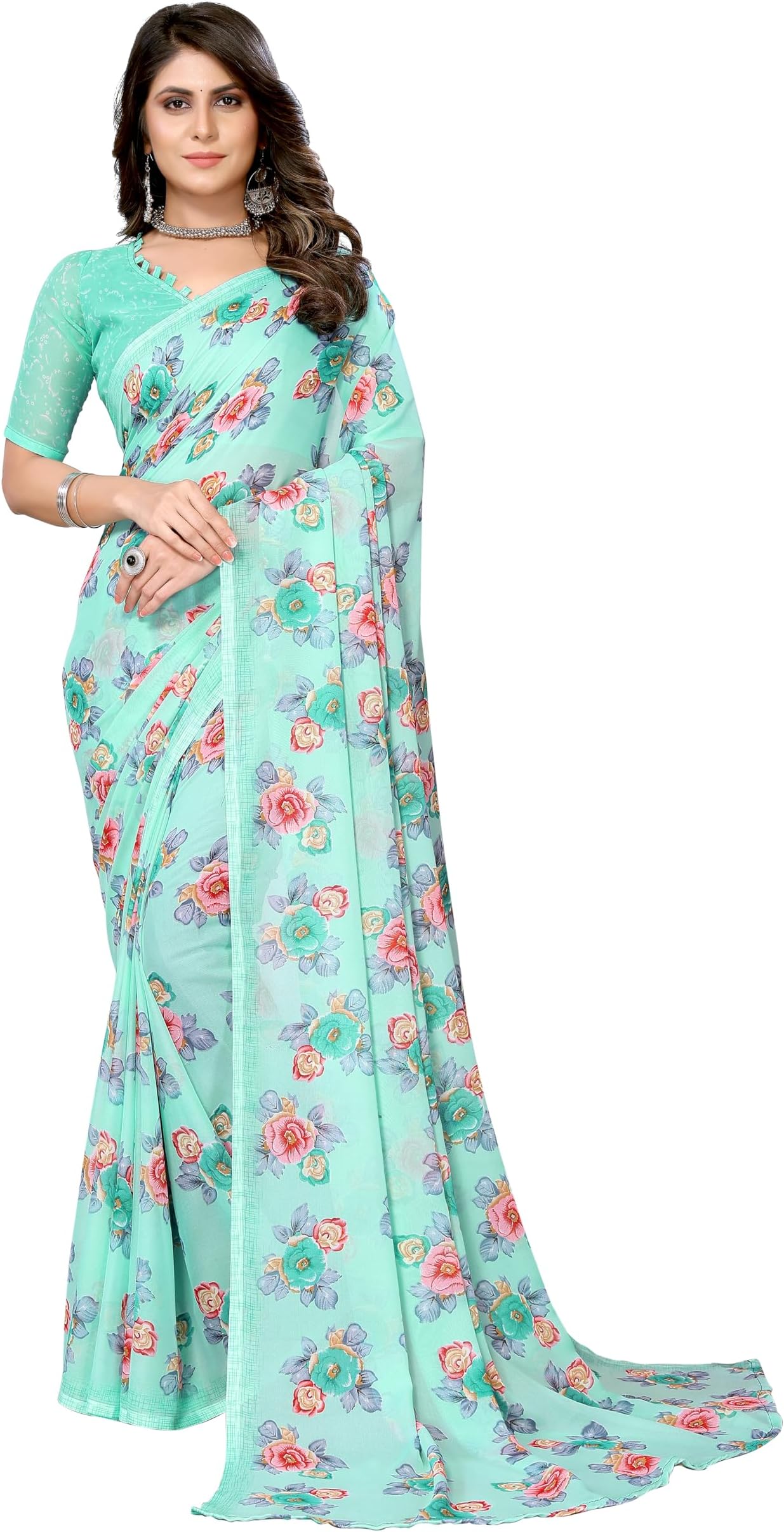 Yashika Women's Fashion Red Georgette Saree with Blouse