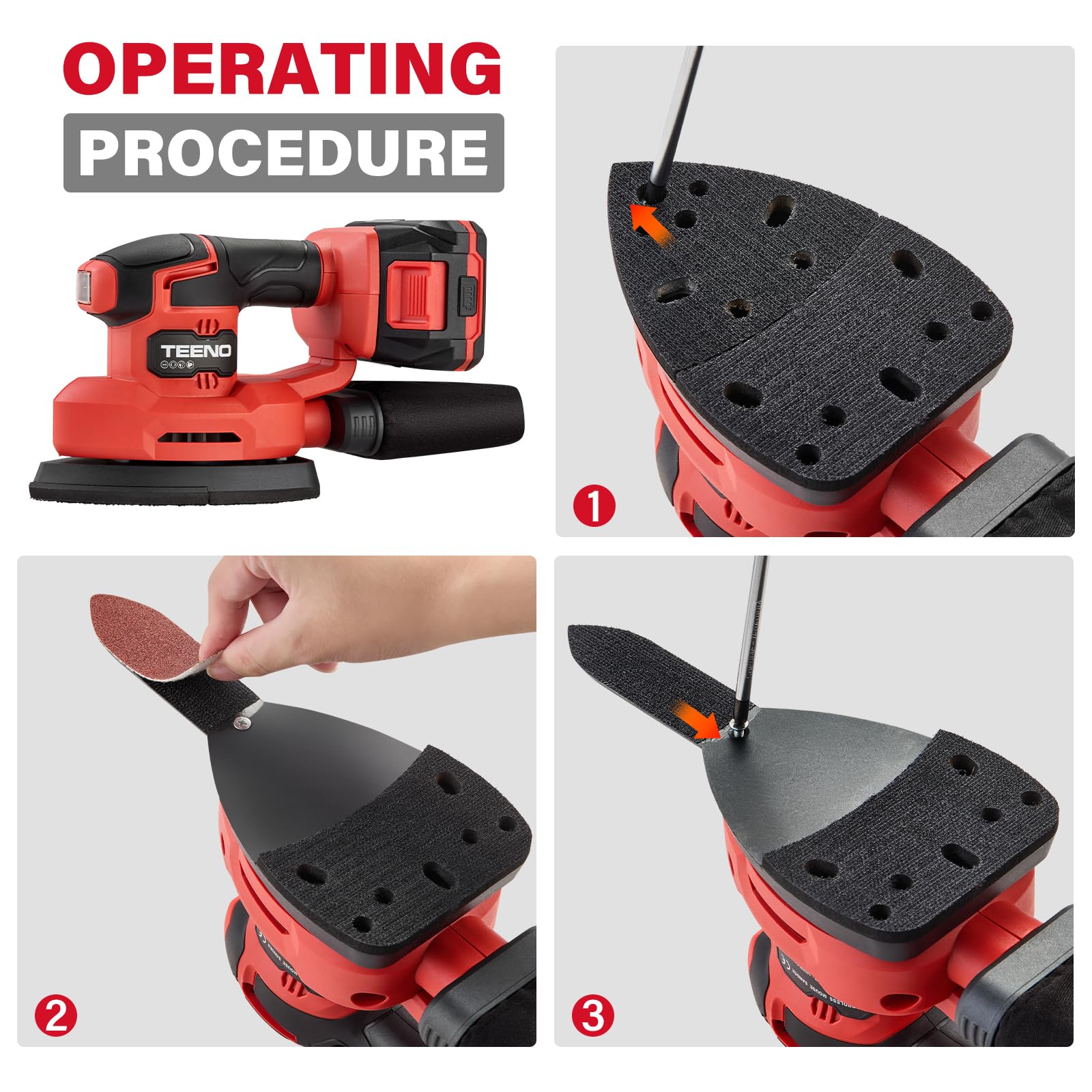 TEENO Ponceuse multifonction sans fil 3-en-1, 20V Ponceuse Delta avec 2A Batterie, 13000 tr/min Ponceuse de détail avec sac de Collecte de Poussière, 15 Feuilles de Papier Abrasif, 140x96.6mm