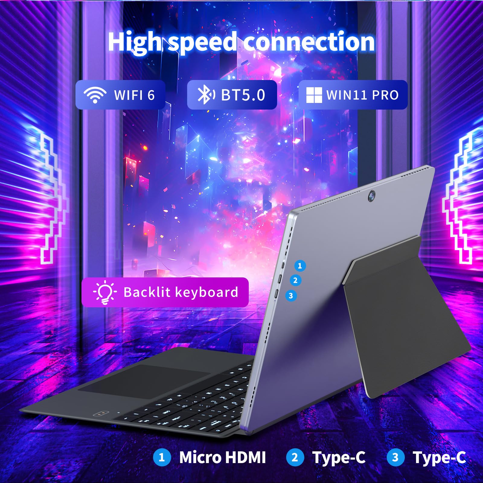 14 pollici PC Portatile 2 in 1, tablet Windows 11 con processore N100, Notebook metallo LPDDR5 16 GB + 512 GB SSD, WIFI6/Bluetooth 5.2/Type-c/Micro HDMI Laptop (con tastiera)