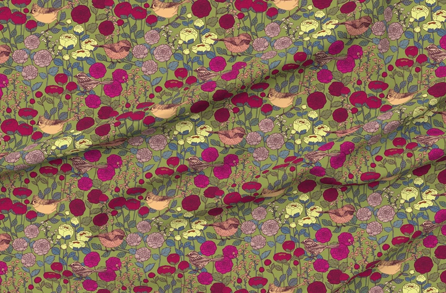 Spoonflower Fabric - Winter Garden Flowers Floral Roses Peonies Birds Nature Printed on Minky Fabric by The Yard - Sewing Baby Blankets Quilt Backing Plush