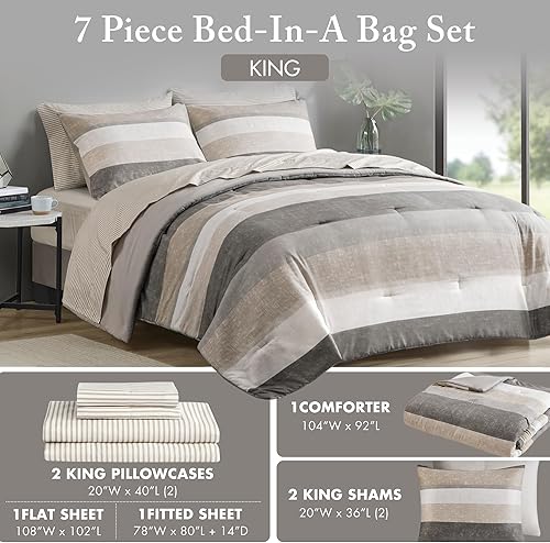 Miniatura 5 de Madison Park Essentials Juego de edredón tamaño King, juego de sábanas y edredón cama en una bolsa, estampado moderno de rayas casuales, para todas