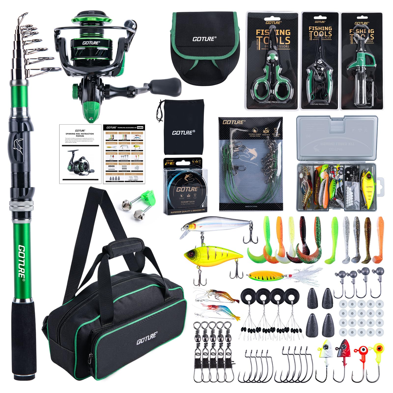 Goture Fishing Rod and Reel Combos with 900D Tackle Bag, Green Telescopic Pole Spinning Reel Lures Set, Telescopic Fishing Rod Fishing Kit for Travel Saltwater Freshwater 2.1M