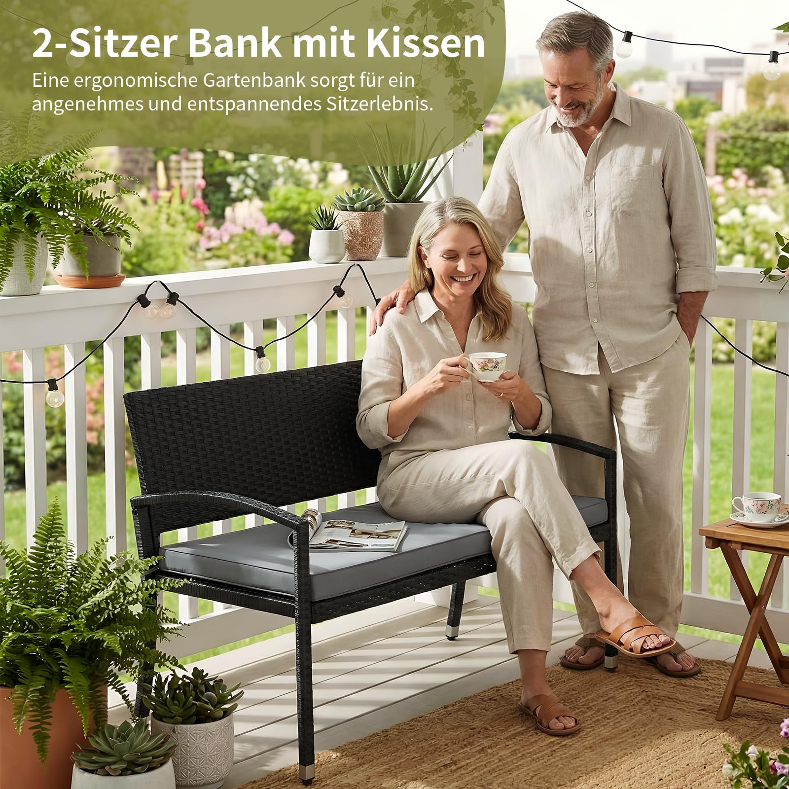 LIFERUN Gartenbank Wetterfest mit Sitzkissen, 2 Sitzer Polyrattan Sitzbank, 320kg Belastbar, Gemütliche Gartenmöbel Bank Outdoor, 122x60x90cm, Balkonbank für Kleinen Balkon, Garten, Terrasse, Schwarz