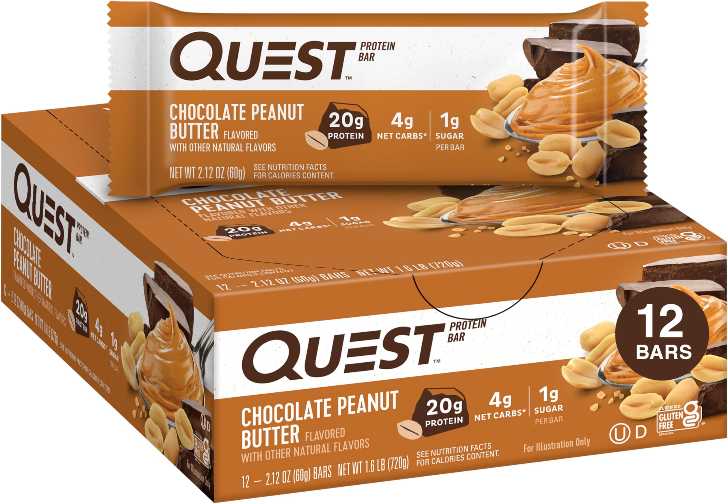 Nutrition Chocolate Peanut Butter Bars, 20g Protein, 1g Sugar, 4g Net Carb, Gluten Free, Keto Friendly, 12 Count