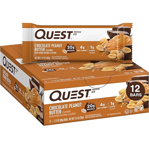 Quest Nutrition Chocolate Peanut Butter Bars, 20g Protein, 1g Sugar, 5g Net Carb, Gluten Free, Keto Friendly, 12 Count