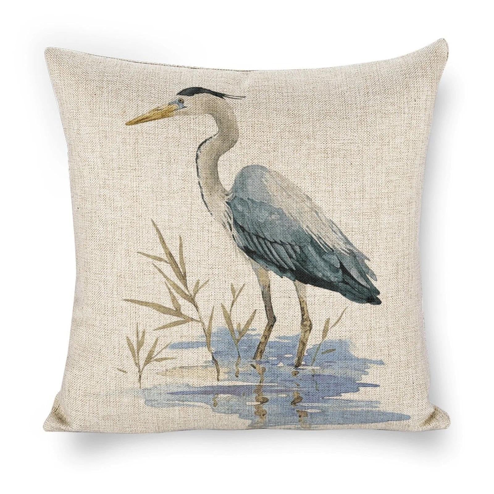 Icotoibabie Linen Throw Pillow Covers 18x18 Watercolor Heron Farmhouse Pillowcase Double Sided with Zipper Decorative Pillows for Couch Cushion Sofa Outdoor