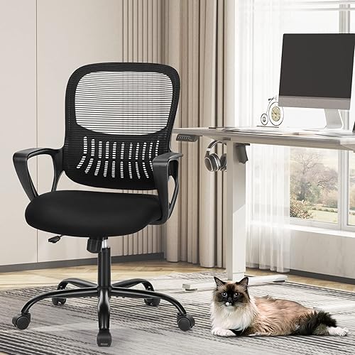 Miniatura 8 de Sweetcrispy Silla ejecutiva de oficina en casa con diseño ergonómico, malla giratoria de espalda media, soporte lumbar cómodo, brazos cómodos para