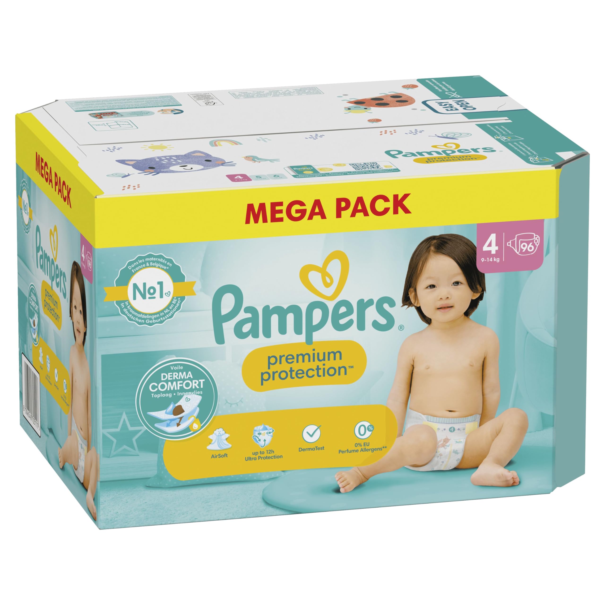 Pampers Premium Protection Taille 4, Couches x96, 9Kg - 14Kg, Notre N°1 pour le Confort et la Protection des Peaux Sensibles