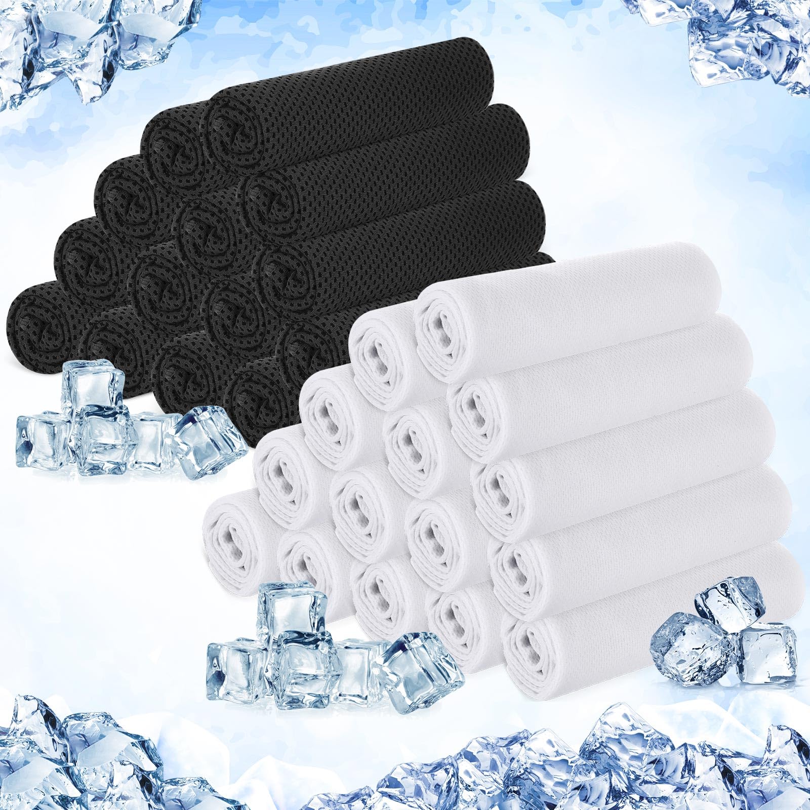 Pack 30 Toallas Refrescantes 40"x12" Microfibra Cooling Towel Deportiva, Efecto Frío Instantáneo, Reutilizables, Transpirables, para Gym Yoga Running Golf Black, White