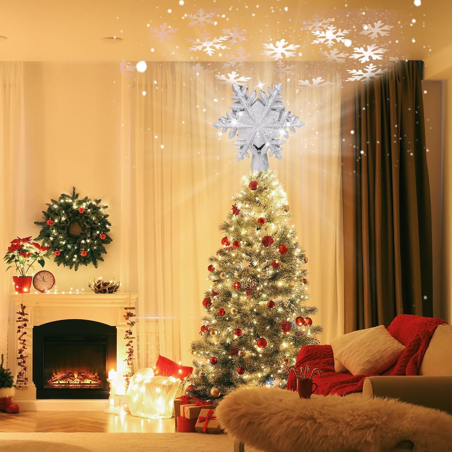 Topper De Sapin - AMOUNE - Étoile Lumineuse 3D - Projecteur LED Rotatif - Flocons De Neige - Doré - Maison