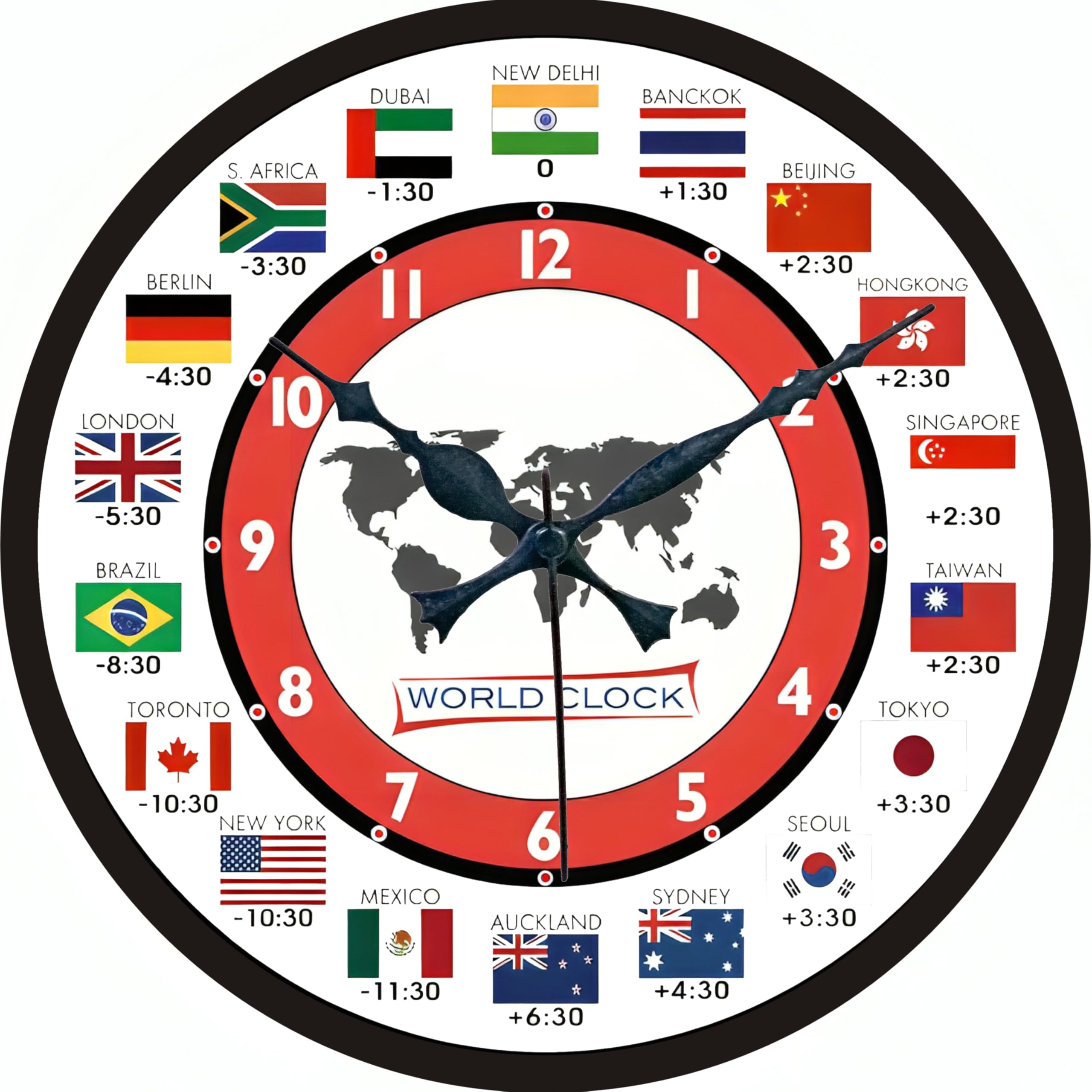 KARTIK World Time Zone Wall Clock with International Country Flags, Silent Sweep Non-Ticking Mechanism for Home, Living Room, and Office Décor, Round Analog Display (1 Piece) 28x28 Cm Without Glass-picture-24