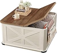 VASAGLE LIRY Farmhouse Coffee Table with Hidden Storage, Flip-Top Lids, Square Living Room Center Table ULCT232W73 Rustic White & Honey Brown