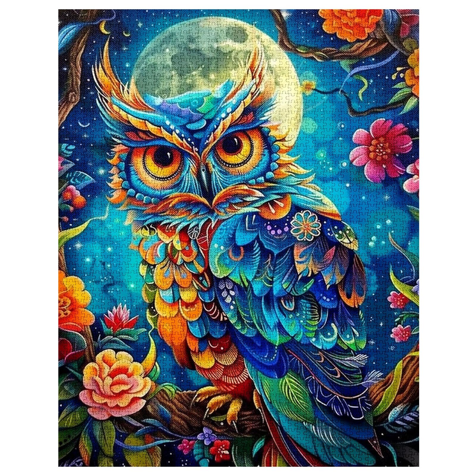 1000 Piece Jigsaw Puzzles for Adults Animal Owl Painting Jigsaw Puzzle Wildlife Tropical Flowers Puzzles for Challenging Family Activity Game Fantasy Full Moon Art DIY Puzzle Wall Decor(Colorful) - Image 4