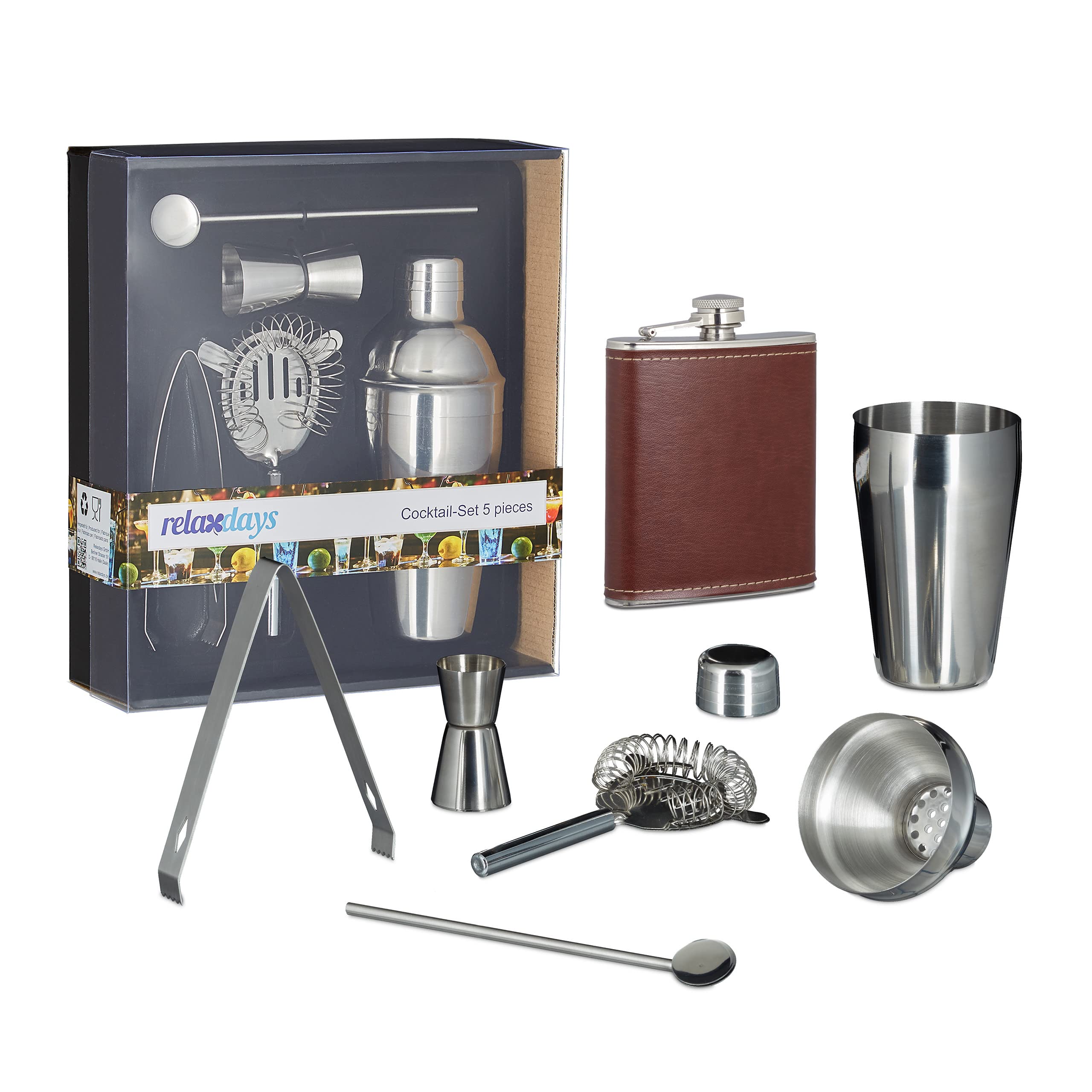 Relaxdays Set da Cocktail, da Barman, 6 Accessori, Acciaio Inox, Fiaschetta, Shaker, Colino, Cucchiaio da Bar, Pinza, Argentato