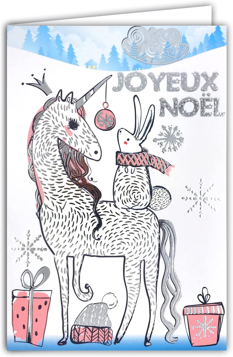 61-5676 Merry Christmas Card with Envelope and Shiny Silver Sparkling Sparkling Unicorn Horn Crown Pony Horse White Scarf Pink Gifts For Little Girl
