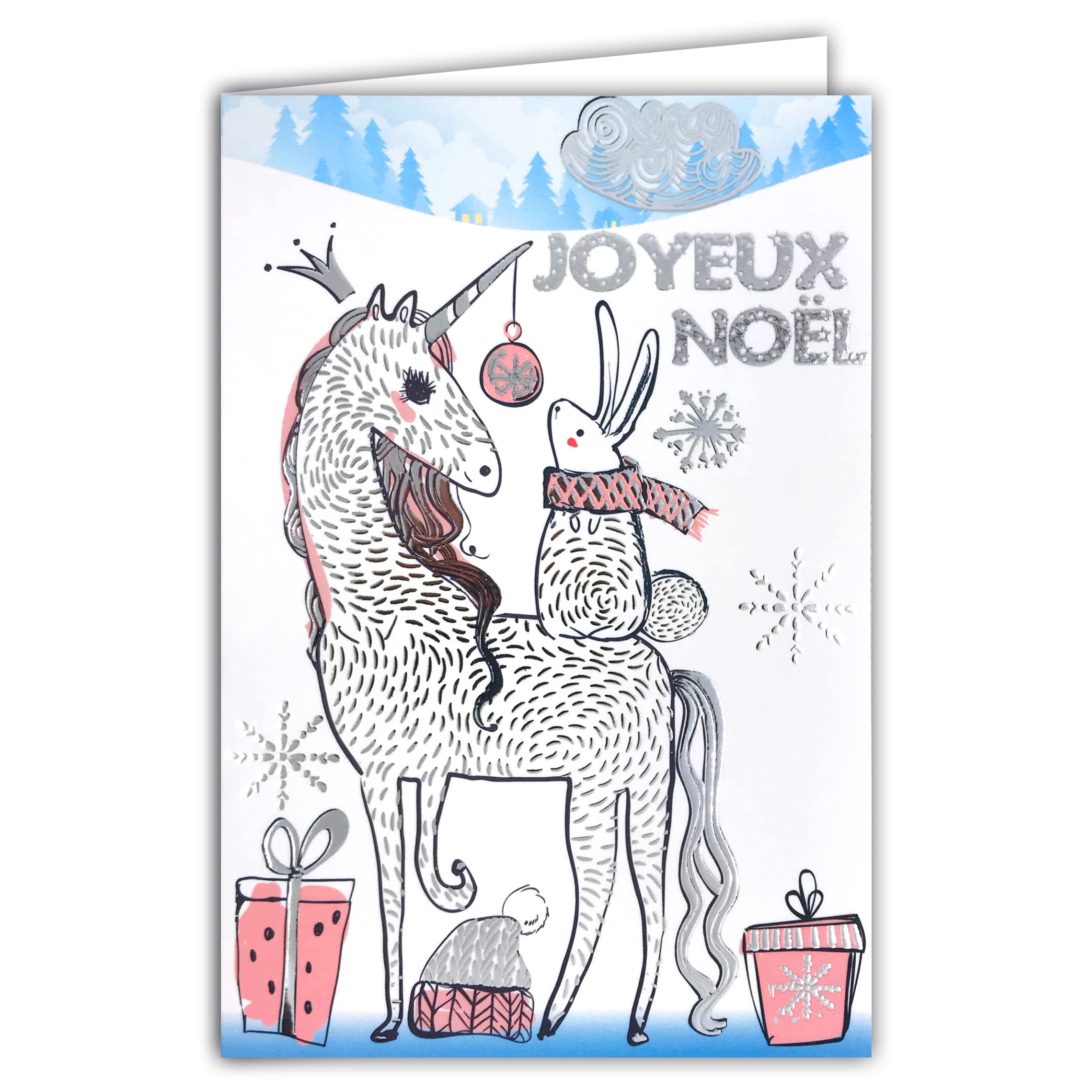 Afie 61-5676 Merry Christmas Card with Envelope and Shiny Silver Sparkling Sparkling Unicorn Horn Crown Pony Horse White Scarf Pink Gifts For Little Girl