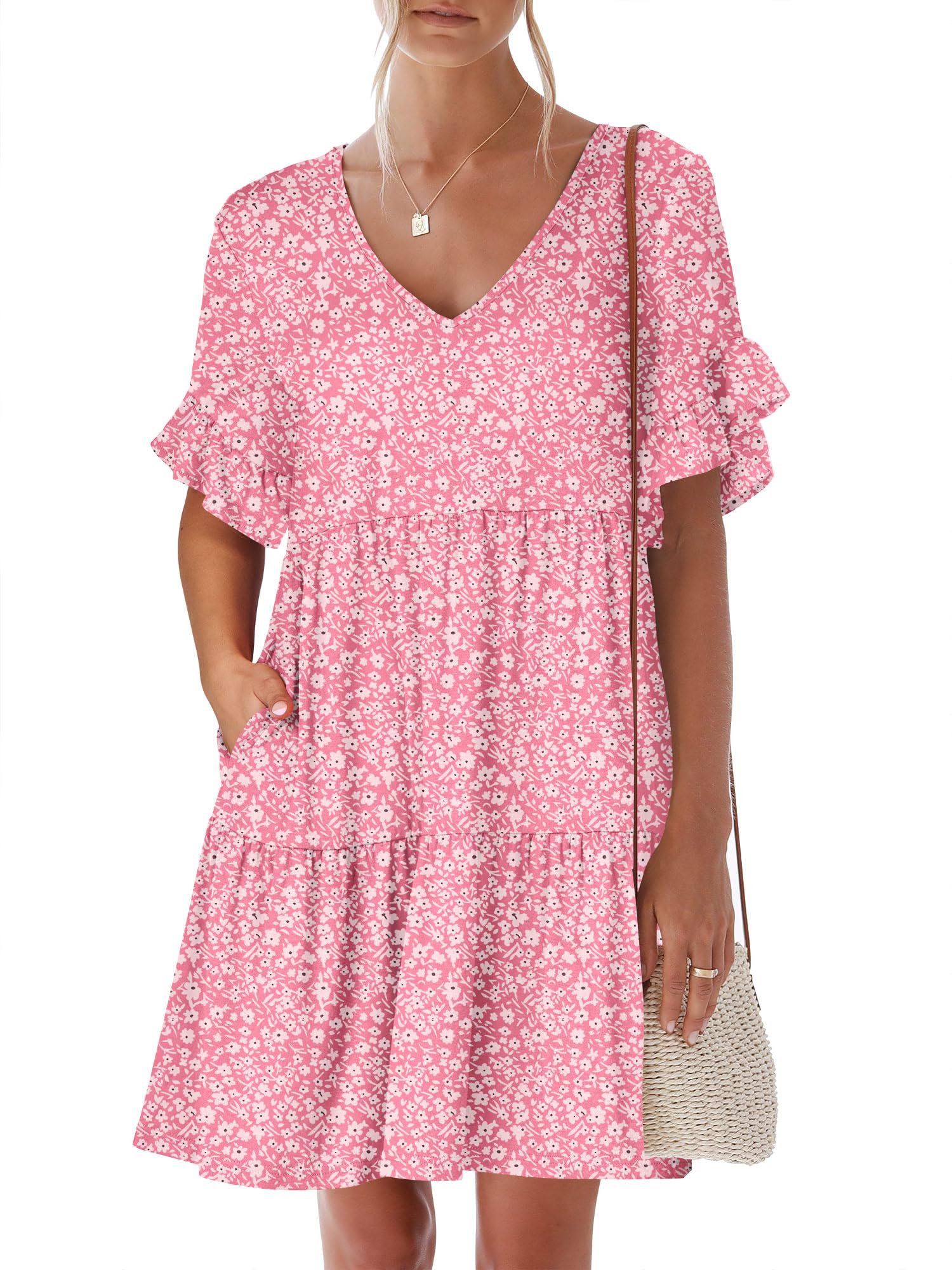 ANRABESS Dresses for Women Summer 2026 V Neck Ruffle Sleeve A Line Tiered Flowy Casual Trendy Mini Beach Dress with Pockets