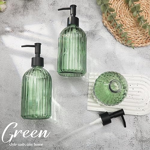 Miniatura 2 de Juego de 3 dispensadores de jabón de vidrio verde con bomba negra, dispensador de jabón líquido recargable de 13.5 onzas, loción premium y botella