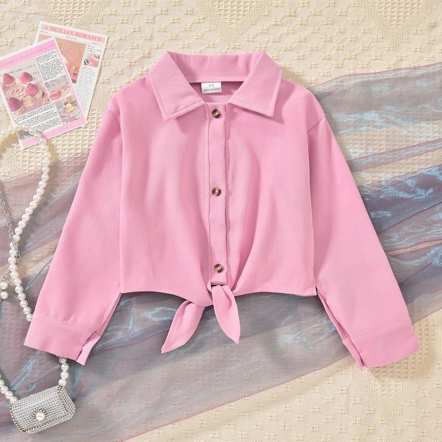 Girls 3 Piece Skirt Set Cami Crop Tops Pleated Skirt with Button Shirts Size 6-12 - Image 7