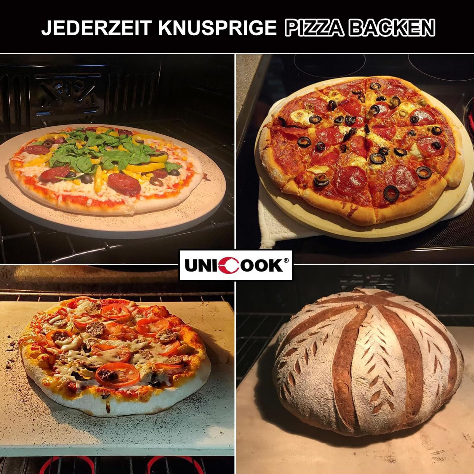 Unicook Pizzastein für Backofen und Grill, Cordierit Backstein, Passend zum Backen von Knuspriger Pizza, Brot und Flammkuchen, Rechteckig, Pizza Stein 38 x 30 cm