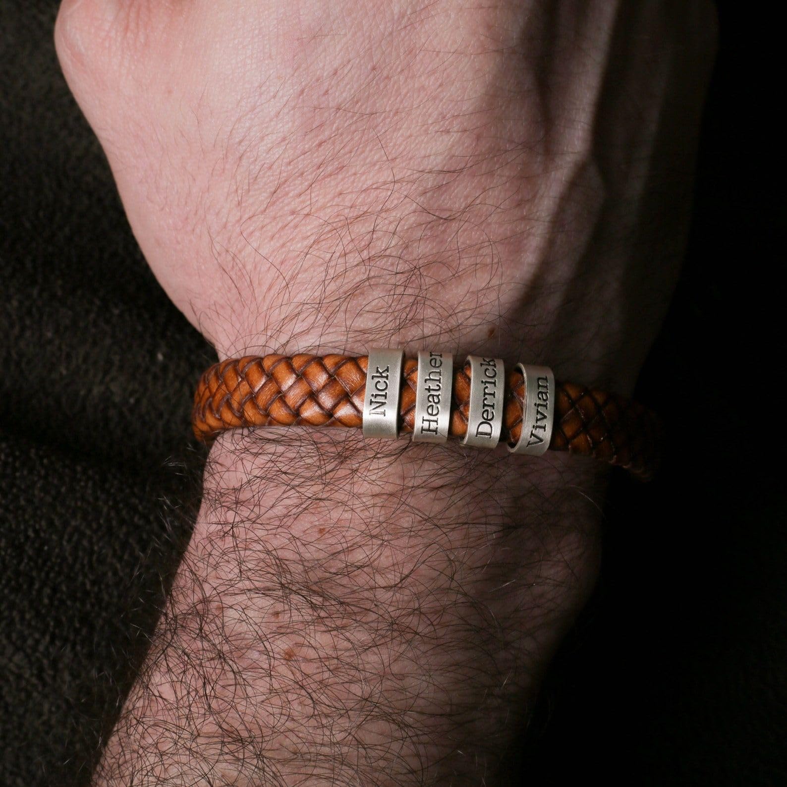 Plata de ley 925 cuero pulsera personalizado pulsera con nombre con plata cuentas Día del Padre