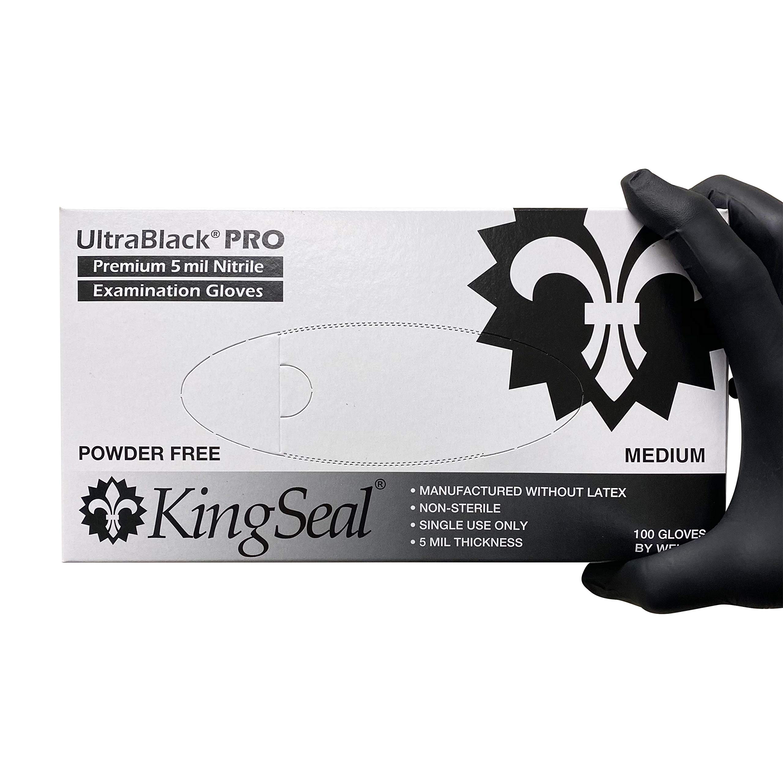KingSeal UltraBlack-PRO Nitrile Medical Grade Exam Gloves Black 5 MIL Textured - 100 gloves