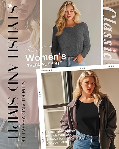 Miniatura 2 de Paquete de 3 camisas de algodón para mujer, talla grande, cuello redondo, manga larga, casual, ajustadas, camisetas de punto, blusas